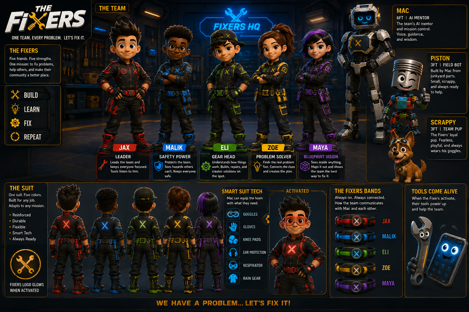 The Fixers children's education series character and gear concept board